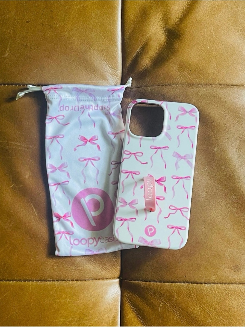 Loopy iPhone Case Pink Bow Pattern Phone Case with Pink Strap Grip
